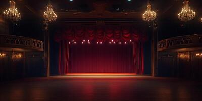 A dimly lit theater stage with red curtains and elegant chandeliers. photo