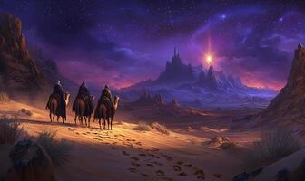Three men riding on camels in the desert photo