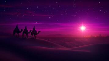 Three figures on camels traverse a vibrant desert under a starry sky. photo