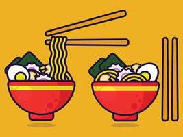 two bowls with noodles and chopsticks on them vector