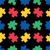 Colorful puzzle seamless pattern. Bright puzzle pieces on a black background. illustration for autism awareness day design, fabric, wrapping paper, background vector