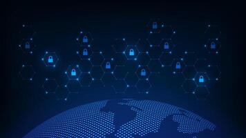 Security technology concepts on cloud network at center. Digital circuit board above the global Earth. vector