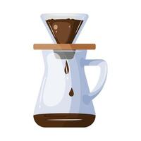 A illustration of a pour-over coffee brewing setup, featuring a glass carafe and a filter cone with coffee grounds. vector