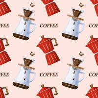 A seamless pattern of various coffee brewing elements, including moka pots and pour-over setups, with the word 'COFFEE' interspersed throughout. Perfect for background, textiles, and packaging. vector