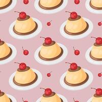 A seamless pattern featuring creme caramel puddings with cherries on white plates, scattered against a light pink background. Perfect for food themed backgrounds, textiles, and packaging. vector