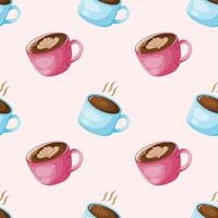 A playful seamless pattern featuring various coffee mugs, including latte art and steam, in pink and blue hues. vector