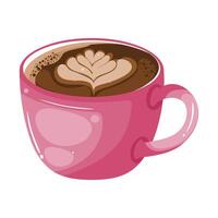 A illustration of a pink mug filled with latte art coffee, featuring a delicate heart design on the foam. vector