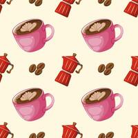A seamless pattern of coffee themed elements, including latte art mugs, moka pots, and coffee beans. Ideal for use in coffee related products, packaging, and textiles. vector