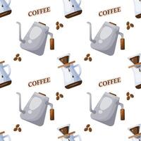Seamless pattern featuring coffee brewing elements, including gooseneck kettle, pour-over carafe, and coffee beans, with the word 'COFFEE' scattered throughout. Perfect for coffee packaging. vector