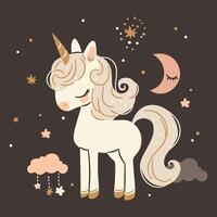 Flat illustration in a simple children's style. Cute unicorn on dark background with stars and clouds, print for printing on children's products vector