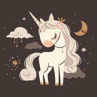 Flat illustration in a simple children's style. Cute unicorn on dark background with stars and clouds, print for printing on children's products vector