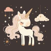 Flat illustration in a simple children's style. Cute unicorn on dark background with stars and clouds, print for printing on children's products vector