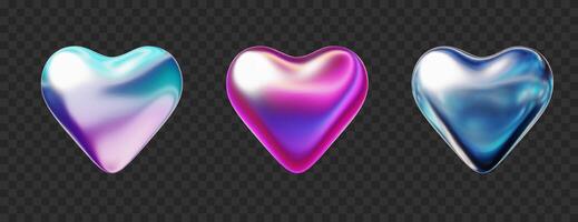 Iridescent chrome heart icons. Realistic metallic love symbol in retro Y2K stile. Hearts futuristic 3D shape set of chrome element. vector