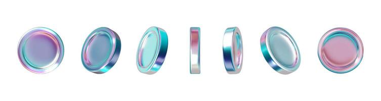 Holographic coins 3D set. Metal realistic holographic shape, design elements, icons, buttons isolated on white vector