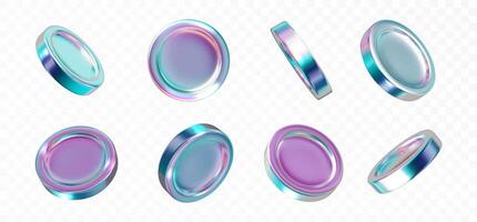 Holographic coin set realistic isolated. Realistic blank or Iridescent coin different views. Futuristic, y2k icon set vector