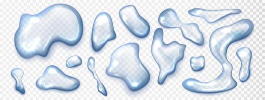 Water spill set isolated. Realistic aqua liquid splashes top view set on transparent background. vector