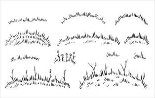 Grass lawn. Bush and line meadow, hand drawn outline field. Sketch landscape decoration. Set of stroke scribble border pattern. vector