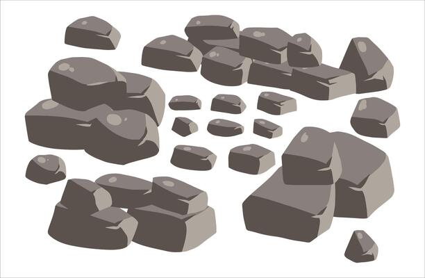 Stone boulder. Granite debris and grey cobble. Pile of rubble rock block. Natural solid cracked mineral. Big mountain geology material. Heap of broken gravel
