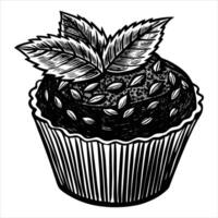 Cupcake with berries in engraving style. vector