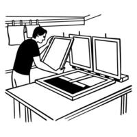 Silk screen printing process man preparing screen frame for screen printing setup in workshop vector