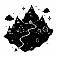 Adventure Path in Stylized Mountain Landscape with Nature Elements and Icons vector