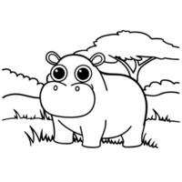 hippo in safari setting with large eyes and trees simple cute animal illustration for coloring vector