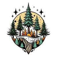 Enchanting Forest Scene with Stylized Trees and Starry Sky in Illustrative Design vector