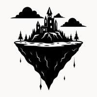 Mystical Floating Island with Castle and Clouds in Monochrome Silhouette Art vector