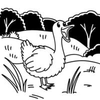 goose in nature black and white illustration with trees and grass playful wildlife scene vector