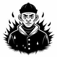 Monochrome Graphic Illustration of Serious Man in Hat and Jacket Exploding with Energy vector