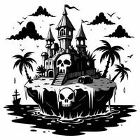 Mysterious Pirate Island Castle with Skull Accents Amidst Ocean Waves vector