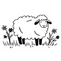 Cute sheep in a field with flowers simple minimalist black and white design vector