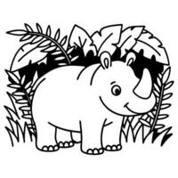 rhino in jungle setting adorable outline illustration with leaves and plants vector