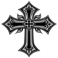 Ornate Black and White Cross Design with Intricate Patterns and Floral Details vector