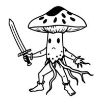 Mushroom warrior unique character, sword wielding fungi, playful fantasy drawing vector