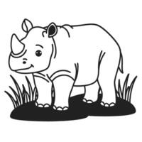 Cute rhino illustration in black and white, standing amid grass animal design with playful expression and simple lines vector