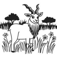 Smiling goat in meadow with horns and beard, surrounded by flowers and trees, black and white illustration vector