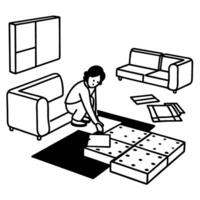 Person assembling modular furniture with panels and sofas in room setup vector