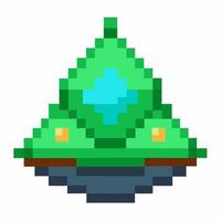 Pixel Art UFO Retro Green Spaceship Icon with Glowing Gemstone Element vector