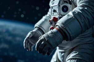 Astronaut spacesuit outer space flies zero gravity close up dark hands photo