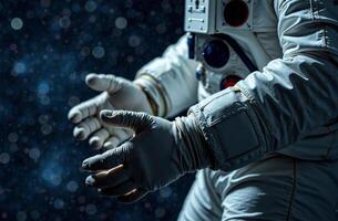 Astronaut shadowy spacesuit outer space flies zero gravity close up hands photo