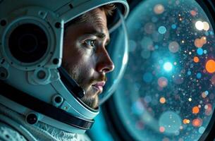 Portrait man shadowy astronaut in spacesuit helmet background of cosmos photo