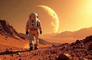 Astronaut stand obscure on ground planet and looking large satellite space photo