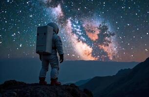 Astronaut stand on ground obscure planet and looking large satellite space photo