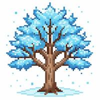 8 Bit Pixel Art of Winter Tree with Snowflakes vector