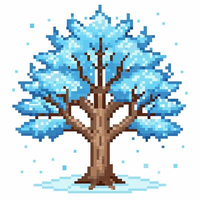 8 Bit Pixel Art of Winter Tree with Snowflakes