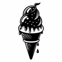 A black and white drawing of an ice cream cone with a drizzle of chocolate sauce vector