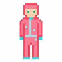 Pixel Art Character in Pink Jumpsuit Retro Game Style Illustration vector
