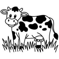 smiling cow in a field black and white illustration of happy cow grazing in grass vector