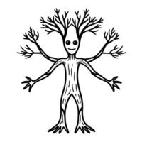 Smiling tree creature with multiple arms, branches as hands whimsical nature illustration, black and white line art vector